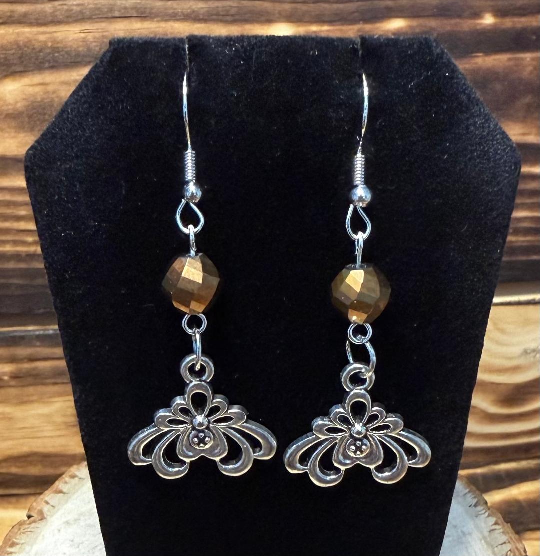 NEW Lotus Charm & Plated Brown Glass Faceted Bead Earrings