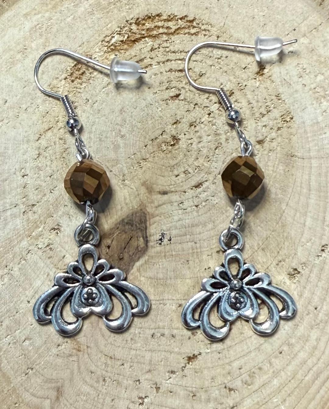 NEW Lotus Charm & Plated Brown Glass Faceted Bead Earrings