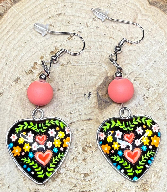 NEW Floral Heart Glass Front Folk Art Earrings w/ Coated Glass Beads
