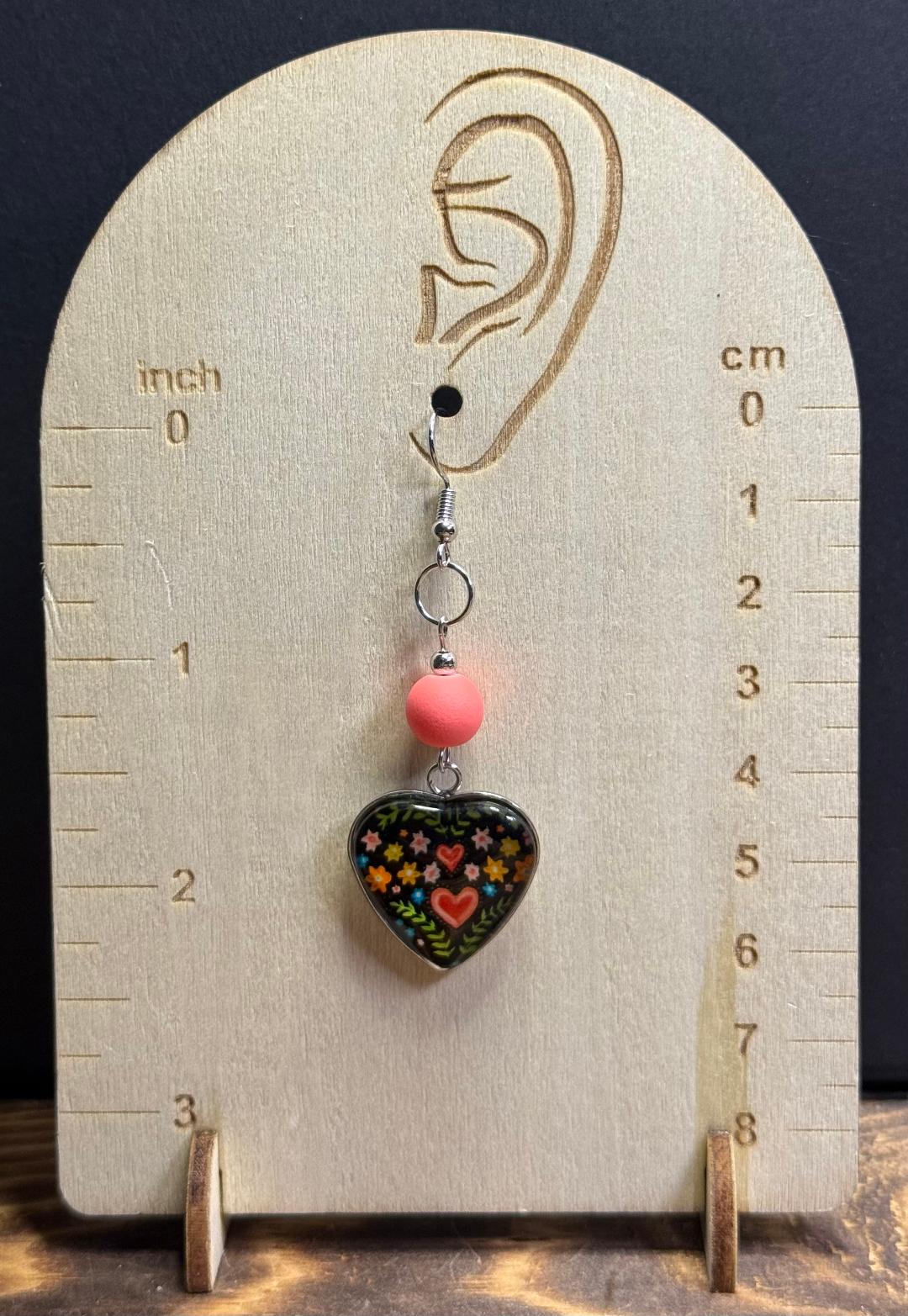 NEW Floral Heart Glass Front Folk Art Earrings w/ Coated Glass Beads