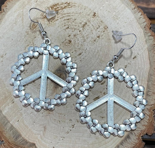 NEW Large Peace Sign Earrings - Hippie Boho Silver Tone