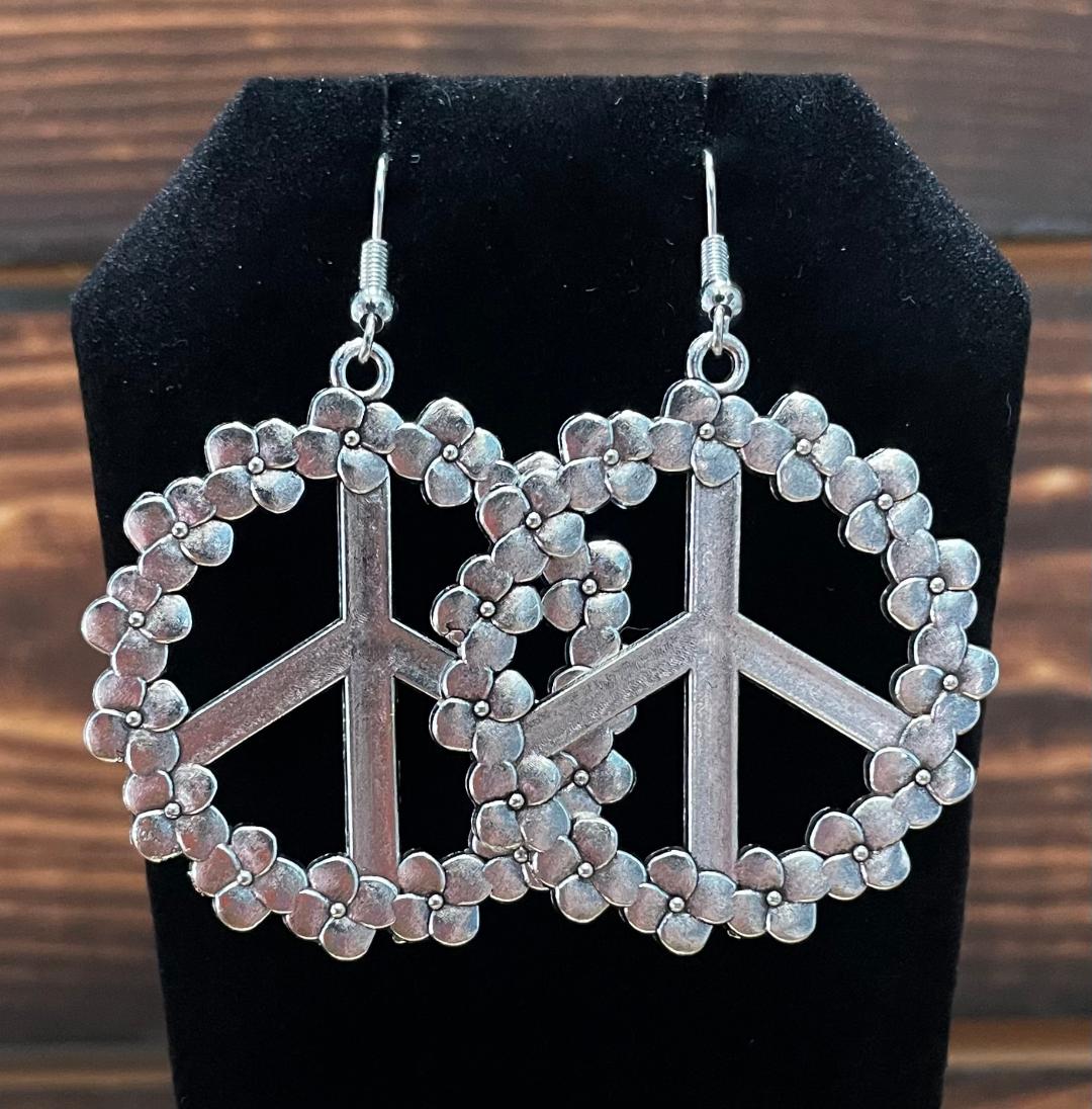 NEW Large Peace Sign Earrings - Hippie Boho Silver Tone