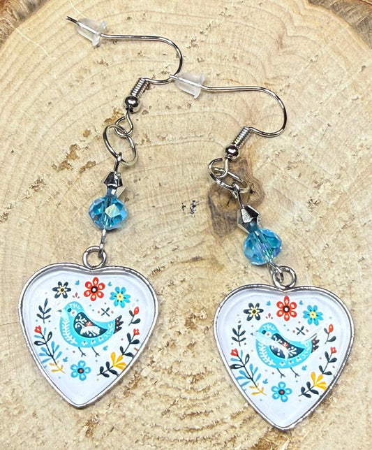 NEW Glass Front Heart Folk Art  Blue Bird Earrings w/ Glass Beads