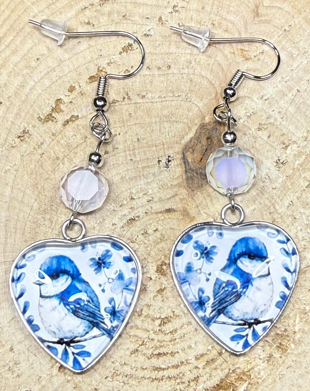 NEW Glass Front Folk Art Blue & White Bird Earrings w/ Glass Beads
