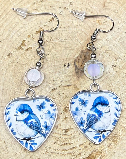 NEW Glass Front Folk Art Blue & White Bird Earrings w/ Glass Beads