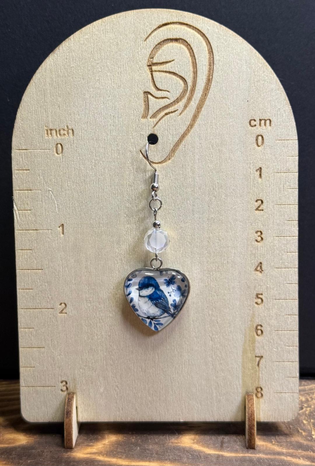 NEW Glass Front Folk Art Blue & White Bird Earrings w/ Glass Beads