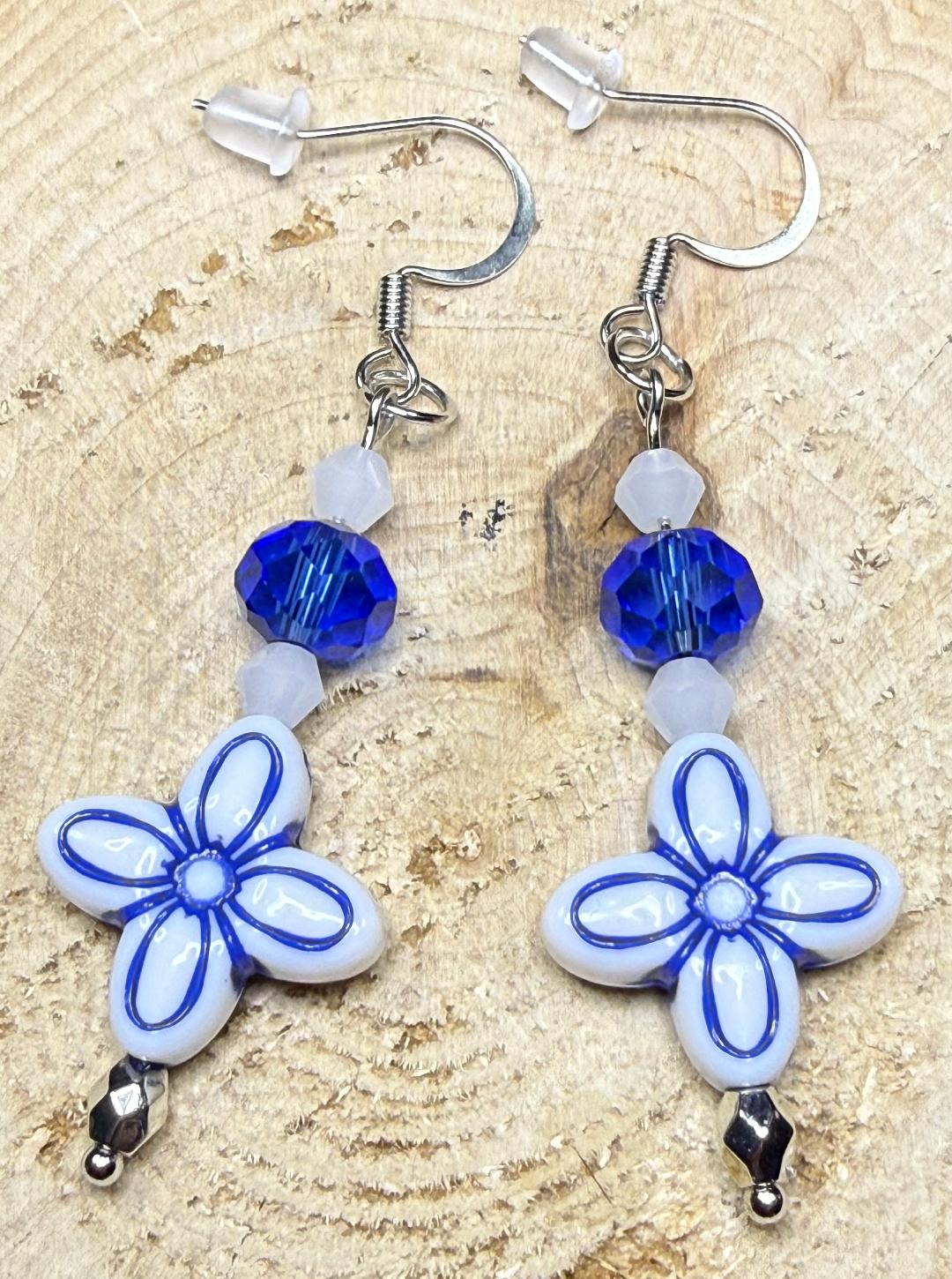 NEW Charming Four Petal Blue Flower Earrings w/ Matching Glass Beads