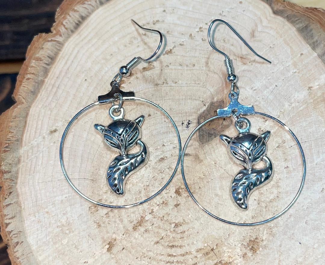 NEW Sly Fox Charm Silver Tone Hoop Earrings