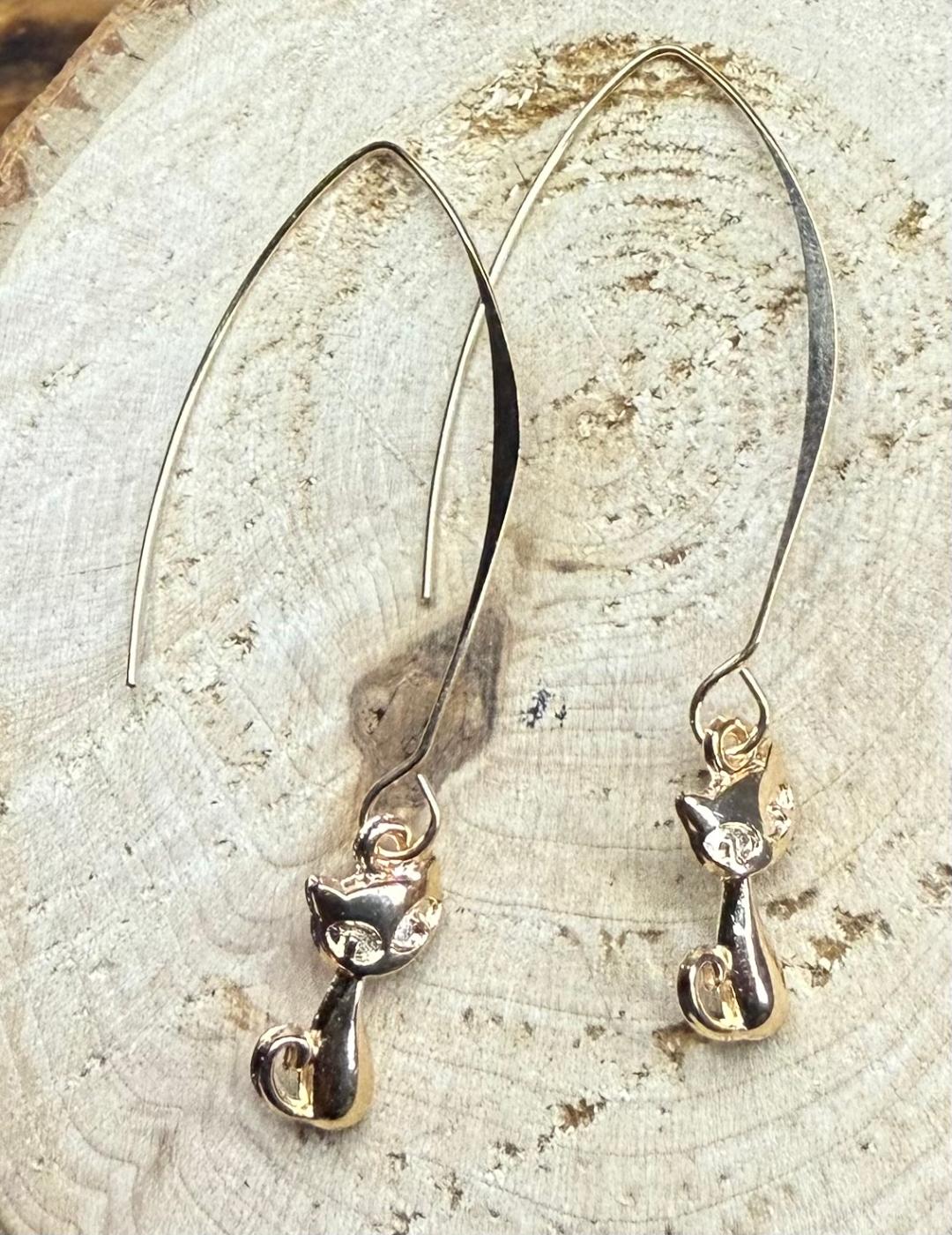 NEW Gold Tone Retro Atomic Cat Charm Earrings on French Hooks