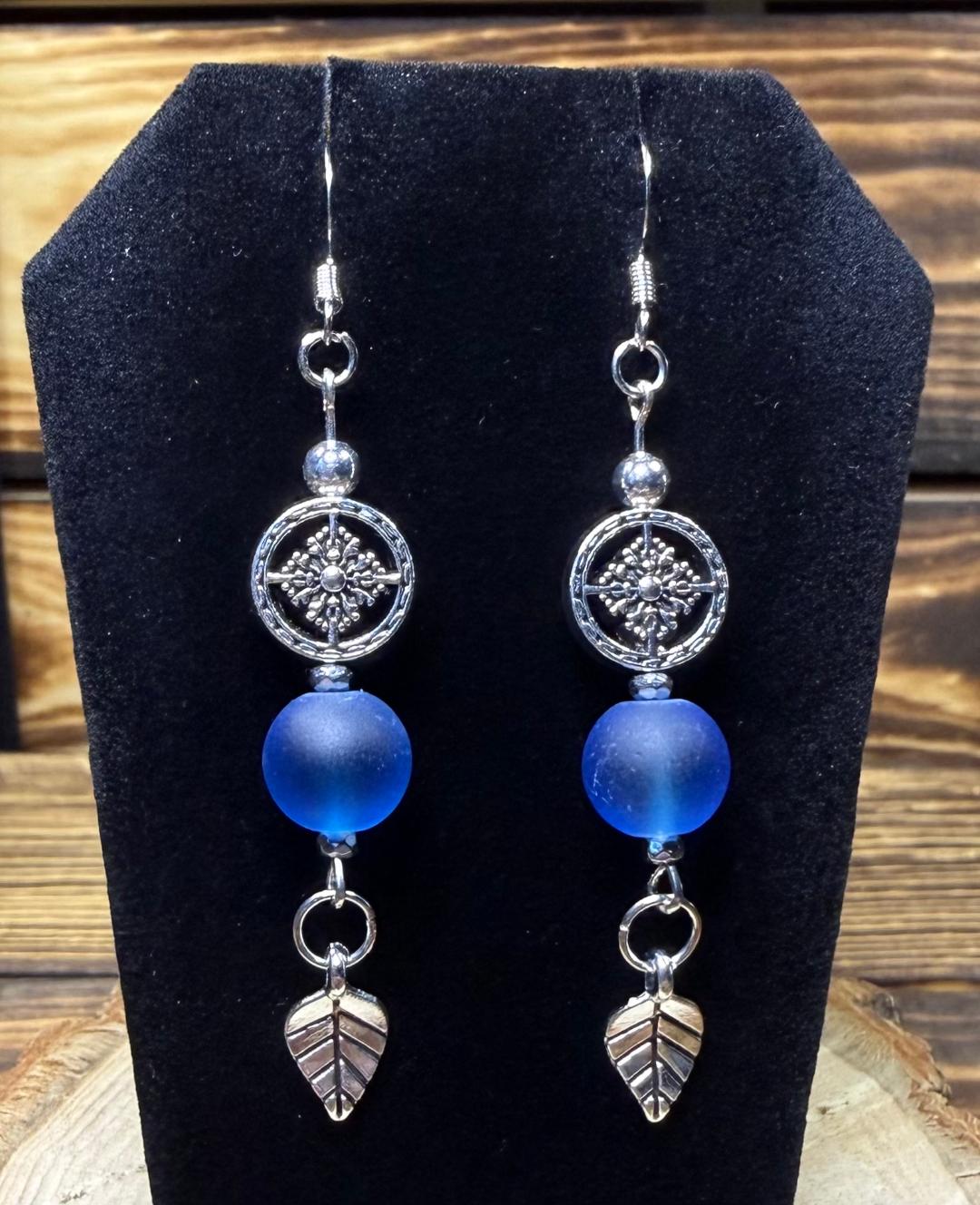 NEW Boho Frosted Blue Glass Bead Earrings w/ Leaf Charm