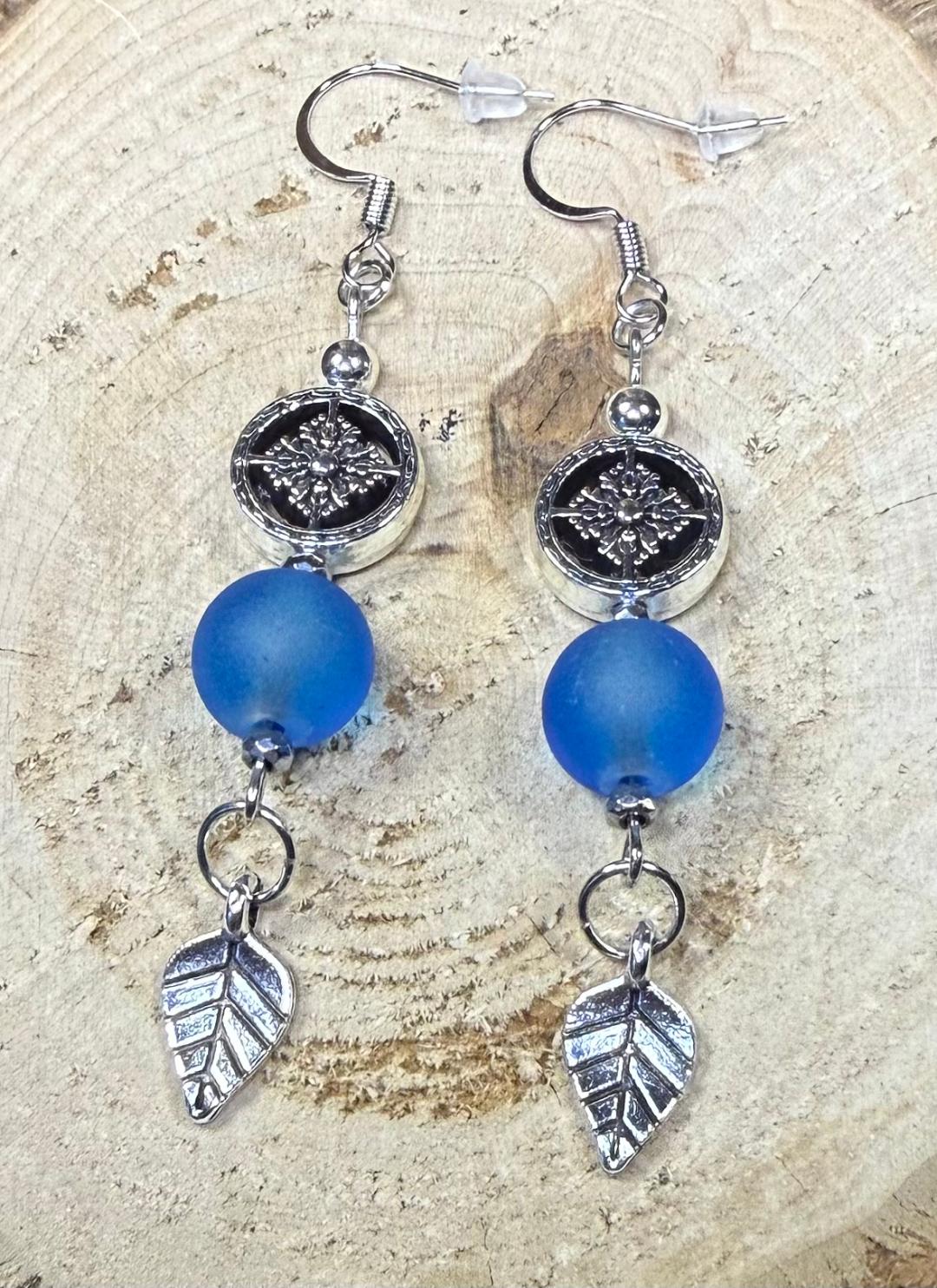 NEW Boho Frosted Blue Glass Bead Earrings w/ Leaf Charm