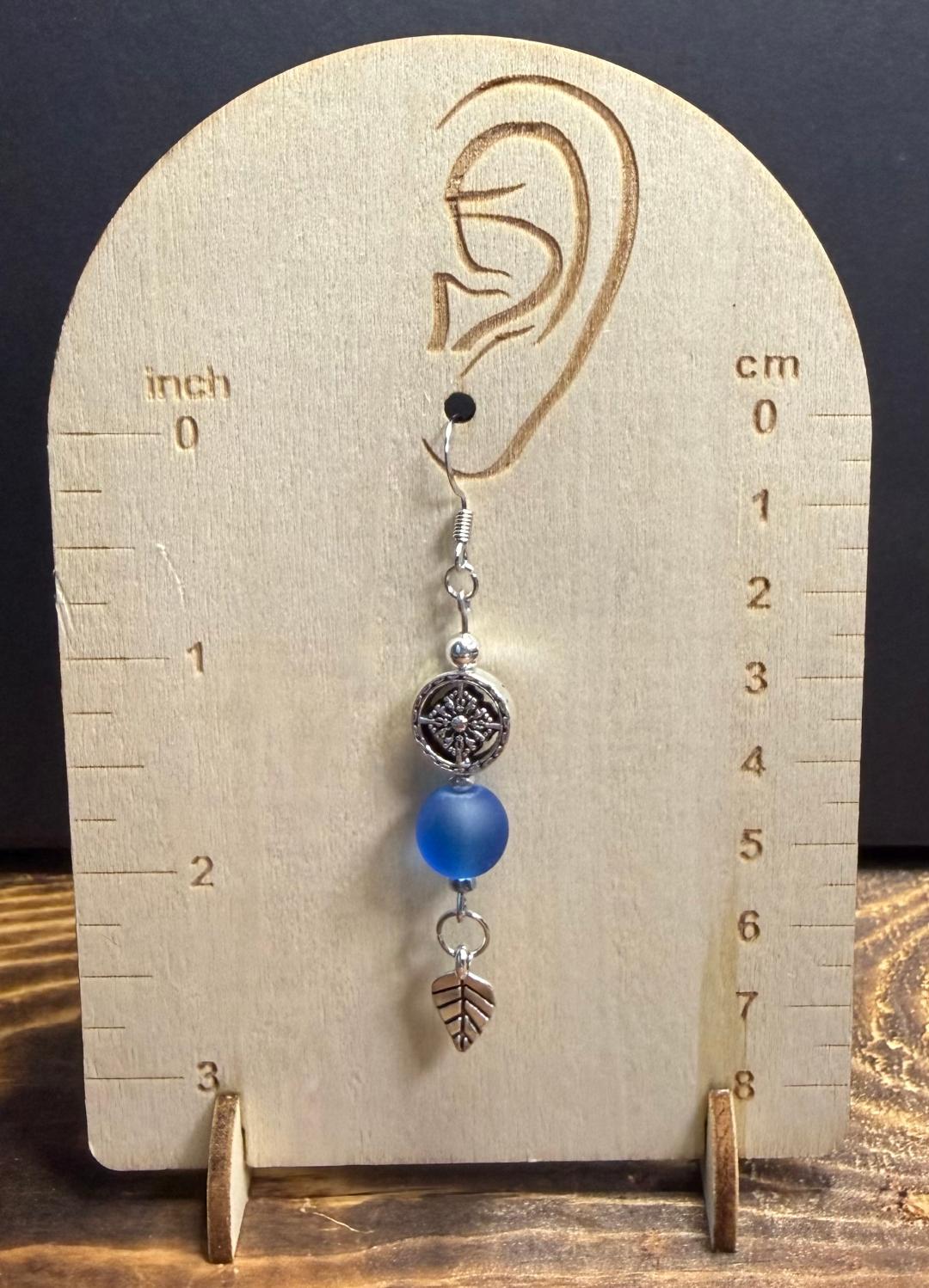 NEW Boho Frosted Blue Glass Bead Earrings w/ Leaf Charm