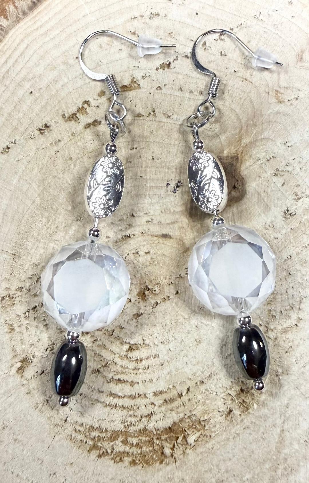 NEW Frosted White Beveled Glass Charm Earrings w/ Flower Spacer Beads