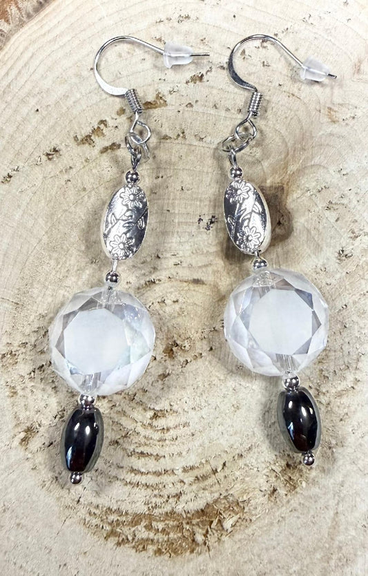 NEW Frosted White Beveled Glass Charm Earrings w/ Flower Spacer Beads