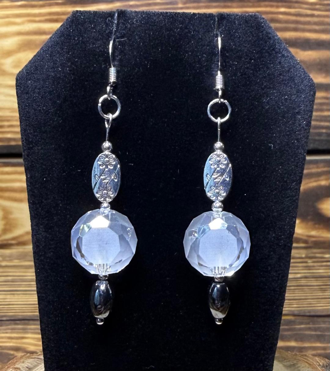 NEW Frosted White Beveled Glass Charm Earrings w/ Flower Spacer Beads