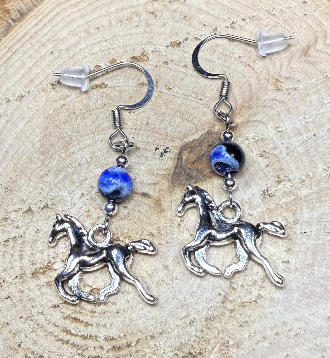 NEW Galloping Horse Earrings w/ Blue & Black Beads