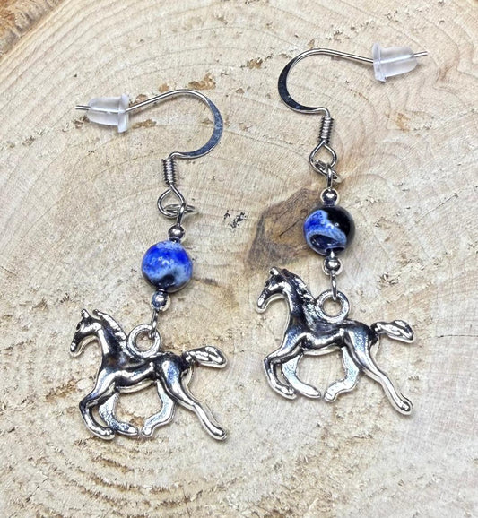 NEW Galloping Horse Earrings w/ Blue & Black Beads