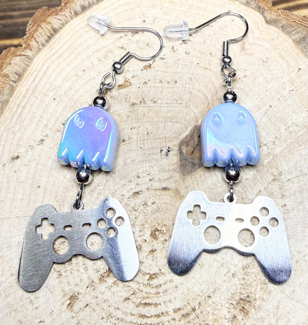 NEW Game Controller Charm Earrings w/ Blue Iridescent Ghosts