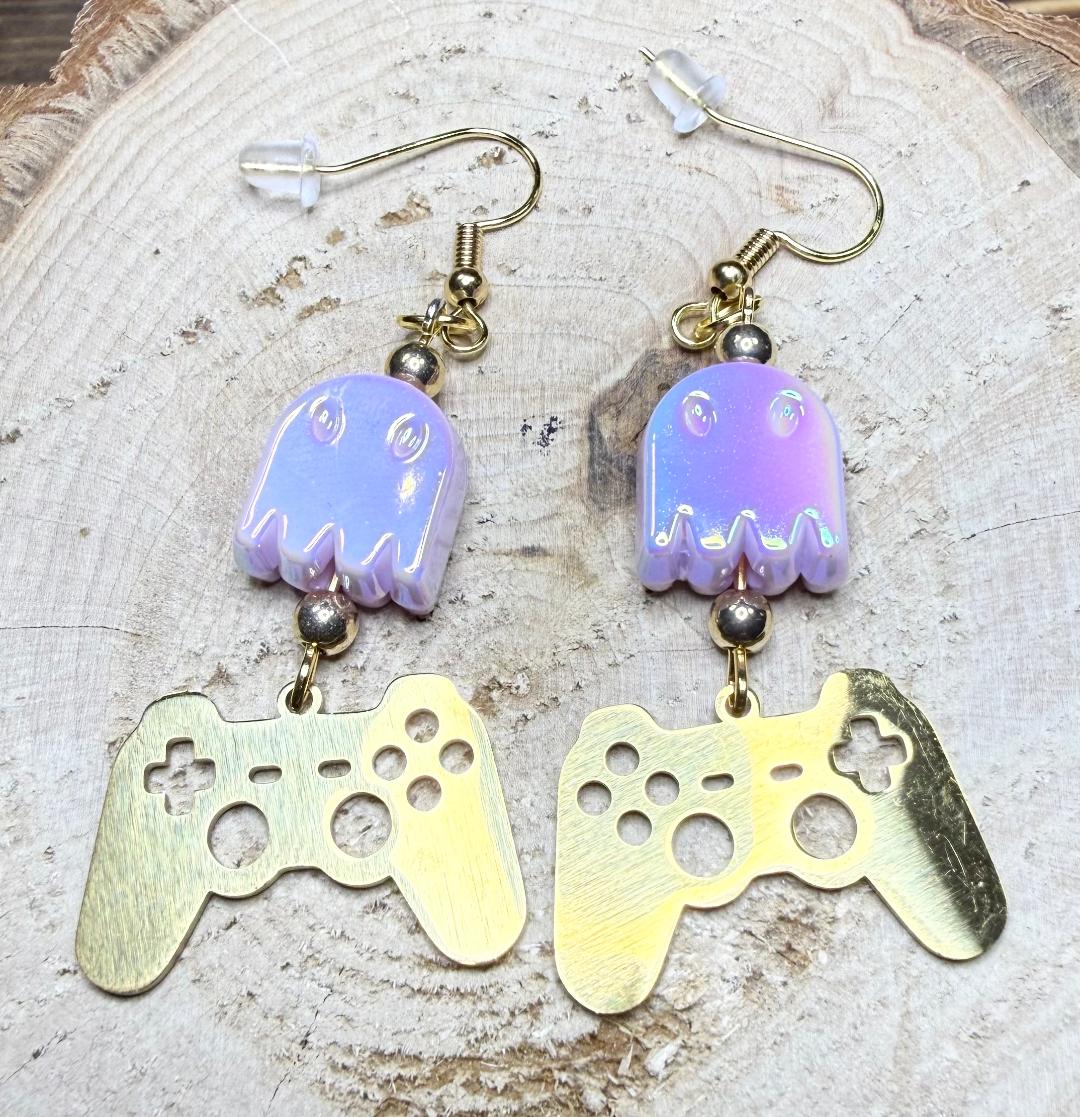 NEW Game Controller Charm Earrings w/ Pink Iridescent Ghosts