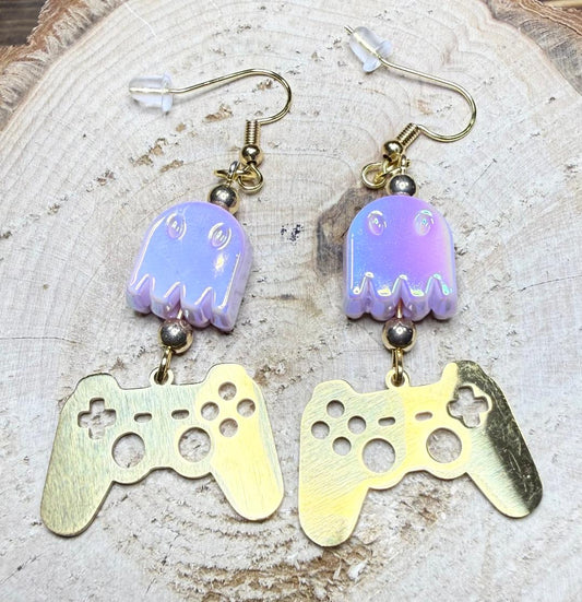 NEW Game Controller Charm Earrings w/ Pink Iridescent Ghosts