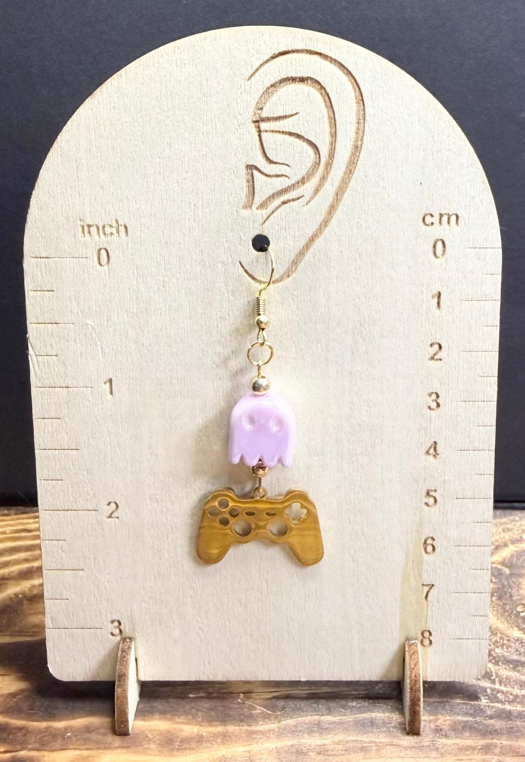 NEW Game Controller Charm Earrings w/ Pink Iridescent Ghosts