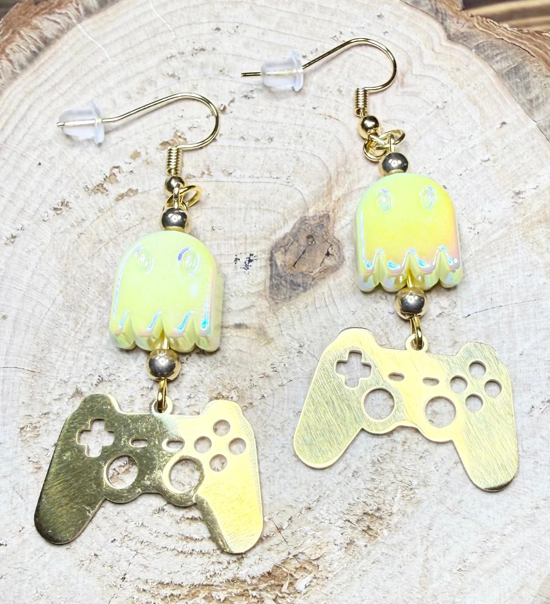 NEW Game Controller Charm Earrings w/ Yellow Iridescent Ghosts