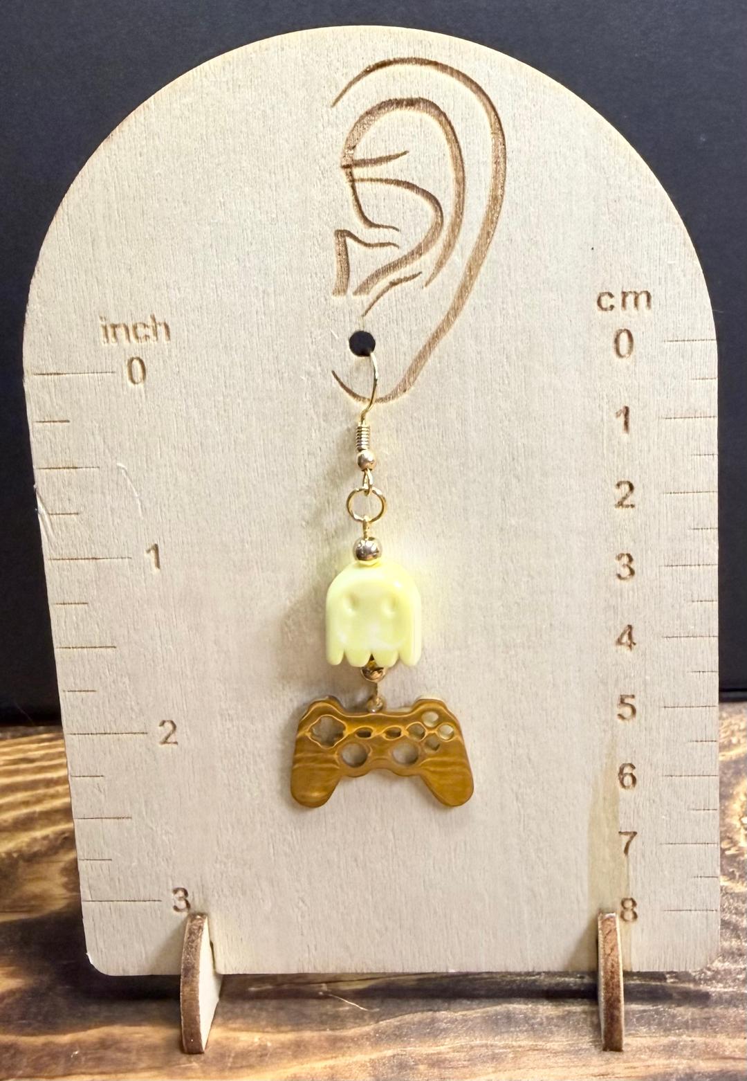NEW Game Controller Charm Earrings w/ Yellow Iridescent Ghosts