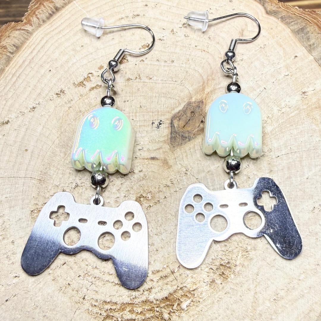 NEW Game Controller Charm Earrings w/ Green Iridescent Ghosts