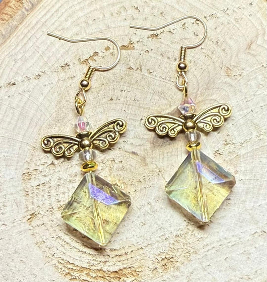 NEW Gemcut Glass Diamond Shape Earrings w/ Wing Charms