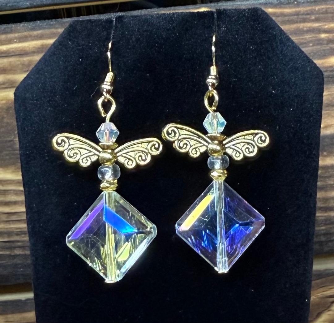 NEW Gemcut Glass Diamond Shape Earrings w/ Wing Charms