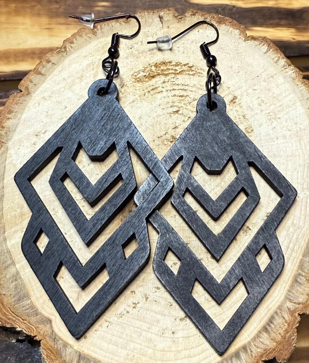 NEW Large Hollow Black Wooden Geometric Shape Earrings