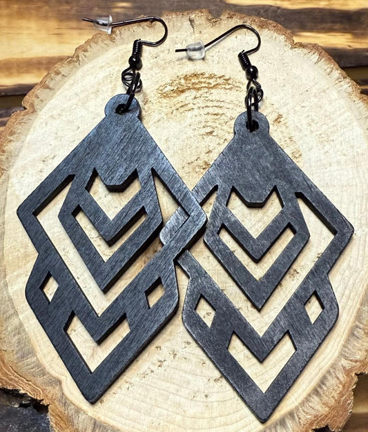 NEW Large Hollow Black Wooden Geometric Shape Earrings