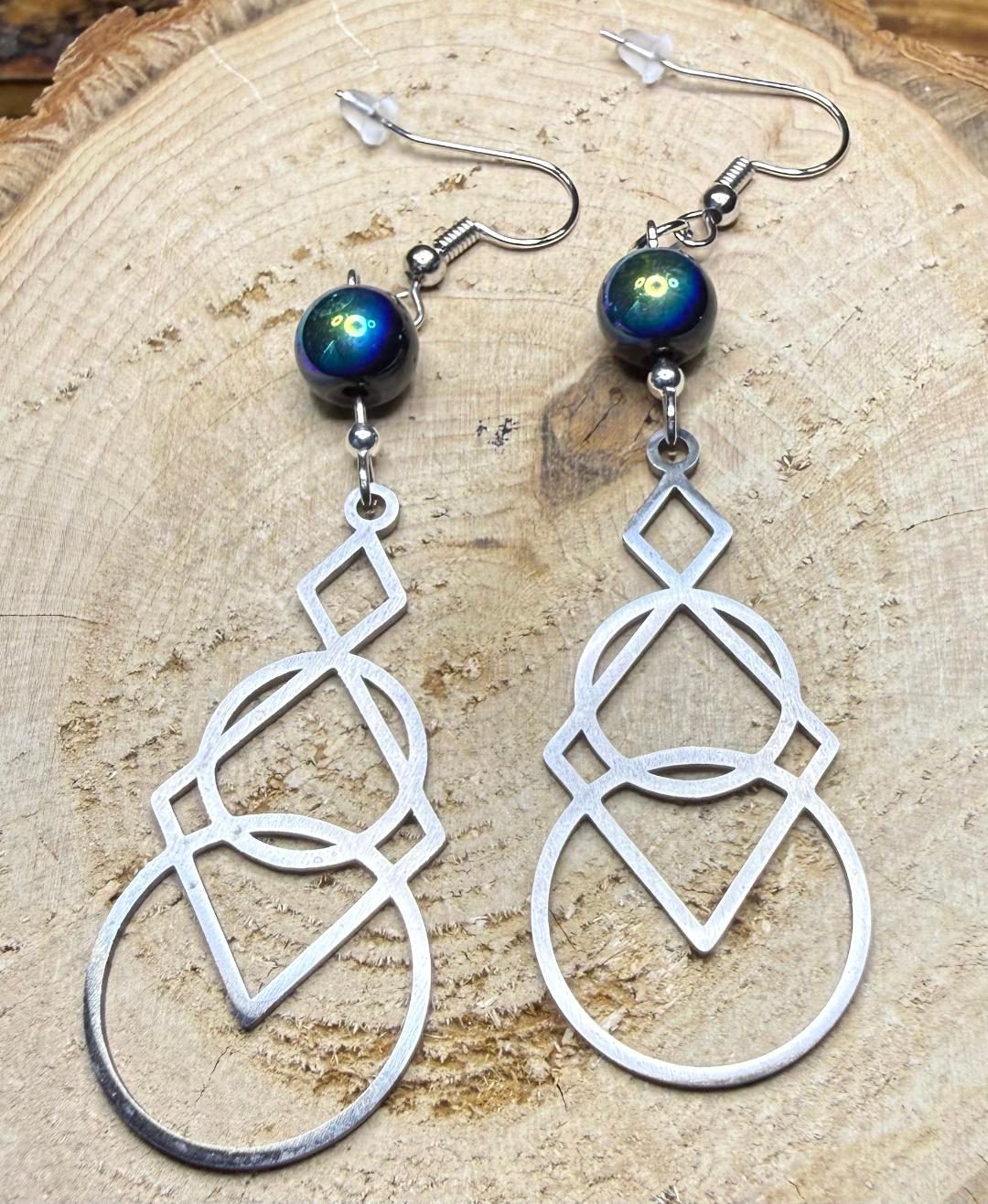 NEW Geometric Shapes in Silver Stainless Steel Earrings w Glass Beads