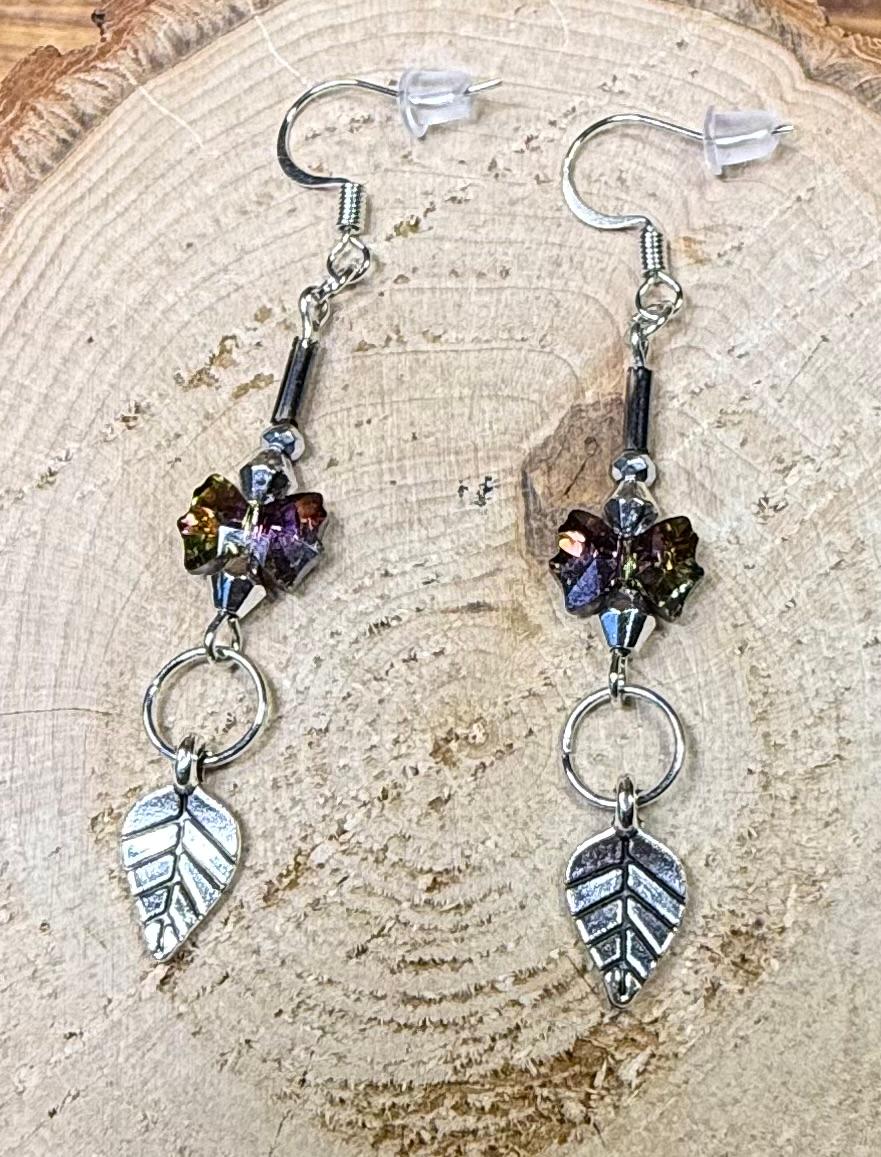 NEW Plated Glass Bow Charm Earrings w/ Silver Etched Leaf