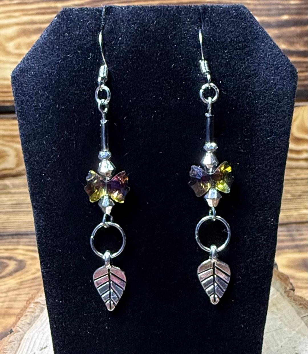 NEW Plated Glass Bow Charm Earrings w/ Silver Etched Leaf