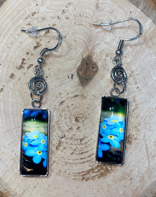 NEW Vibrant Glass Dome Rectangular Blue Flower Drop Earrings