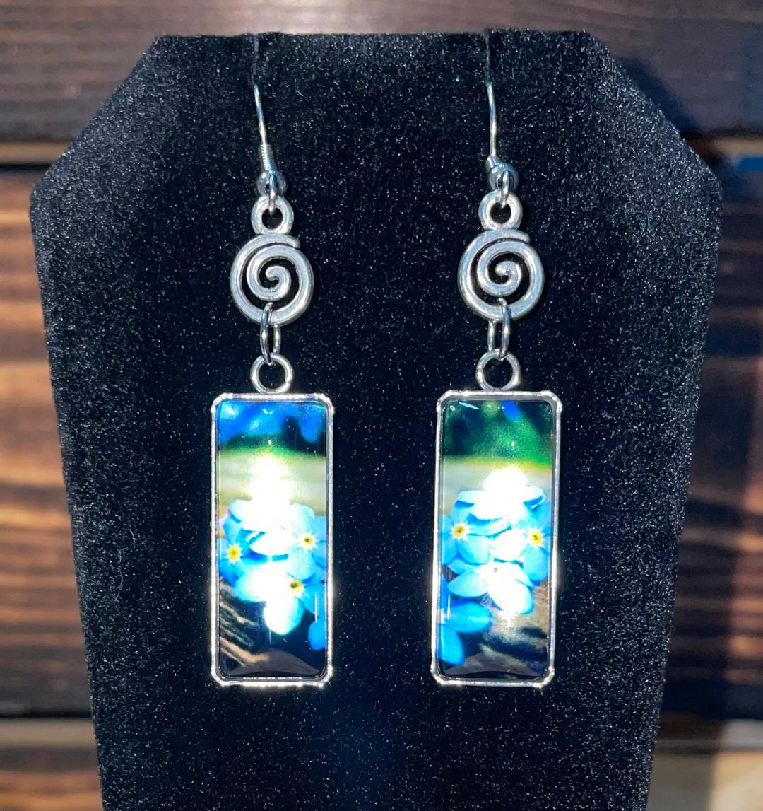 NEW Vibrant Glass Dome Rectangular Blue Flower Drop Earrings