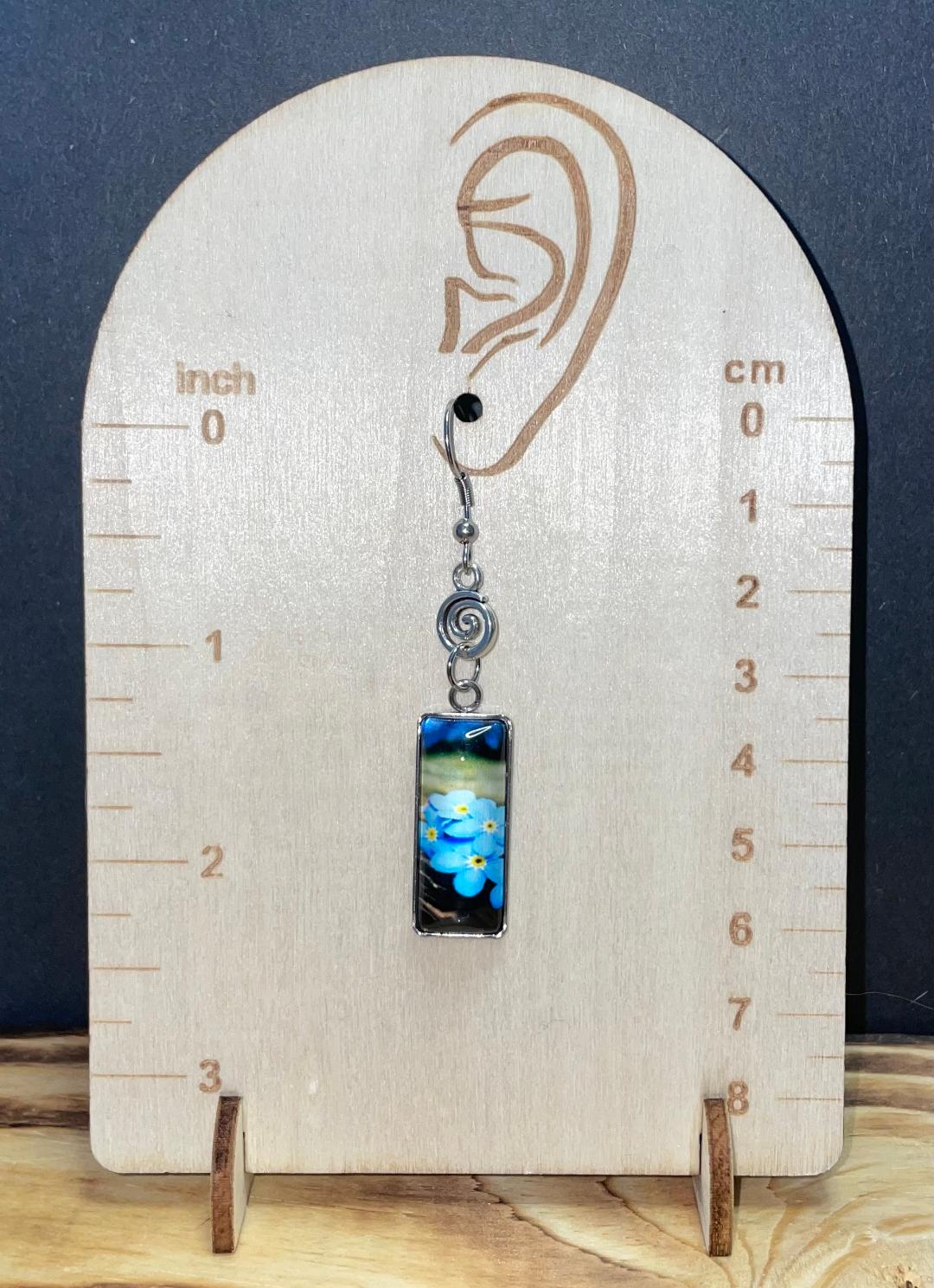 NEW Vibrant Glass Dome Rectangular Blue Flower Drop Earrings