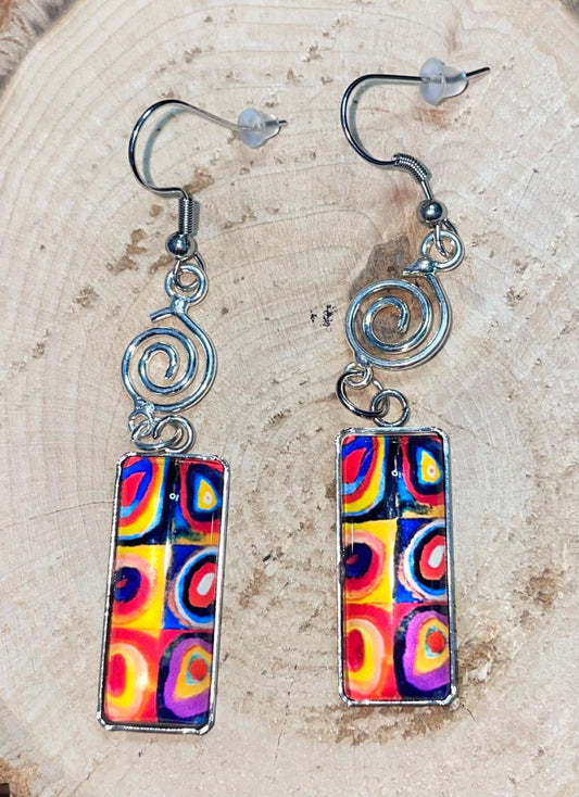 NEW Vibrant Glass Dome Rectangular Mod Multicolor Drop Earrings