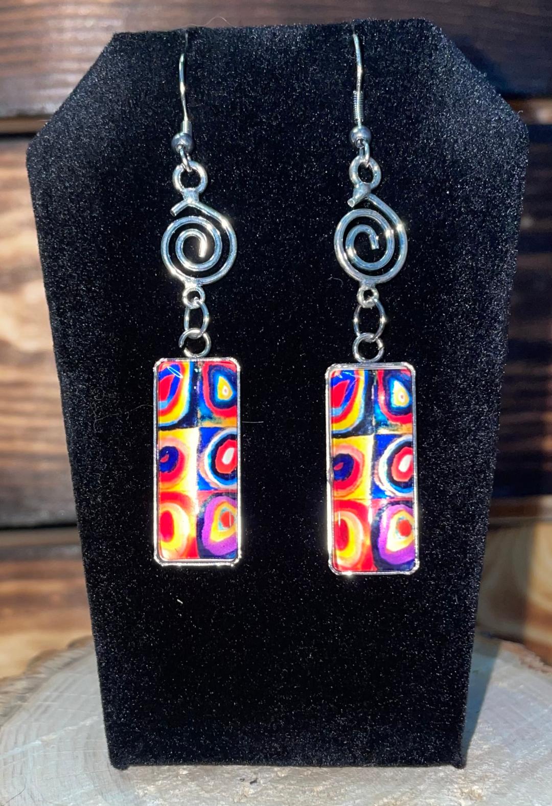 NEW Vibrant Glass Dome Rectangular Mod Multicolor Drop Earrings