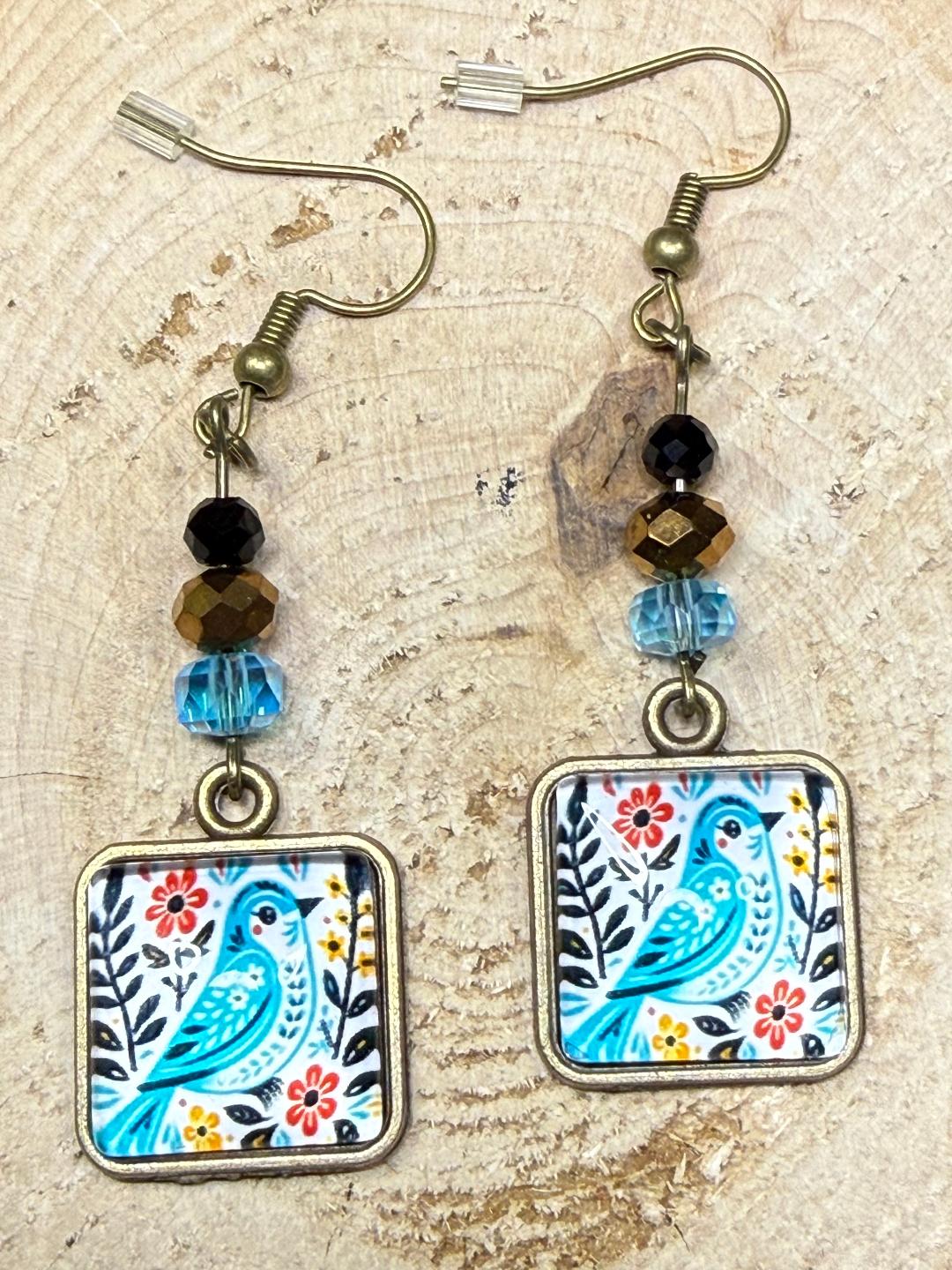 NEW Glass Front Folk Art Blue Bird Earrings w/ Glass Beads