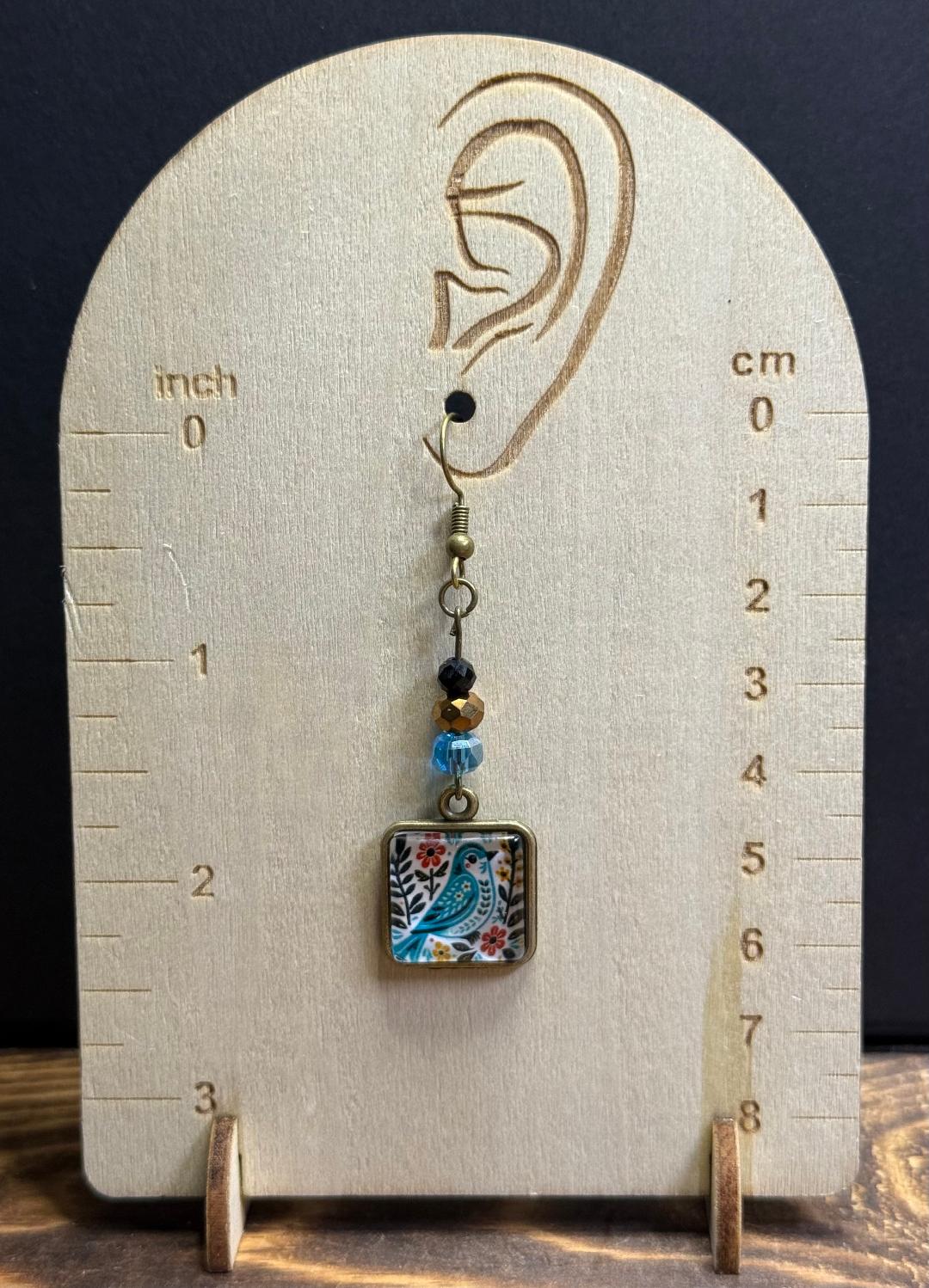 NEW Glass Front Folk Art Blue Bird Earrings w/ Glass Beads