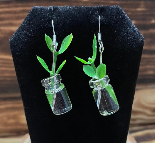 NEW Mini Glass Jar & Green Plant Earrings