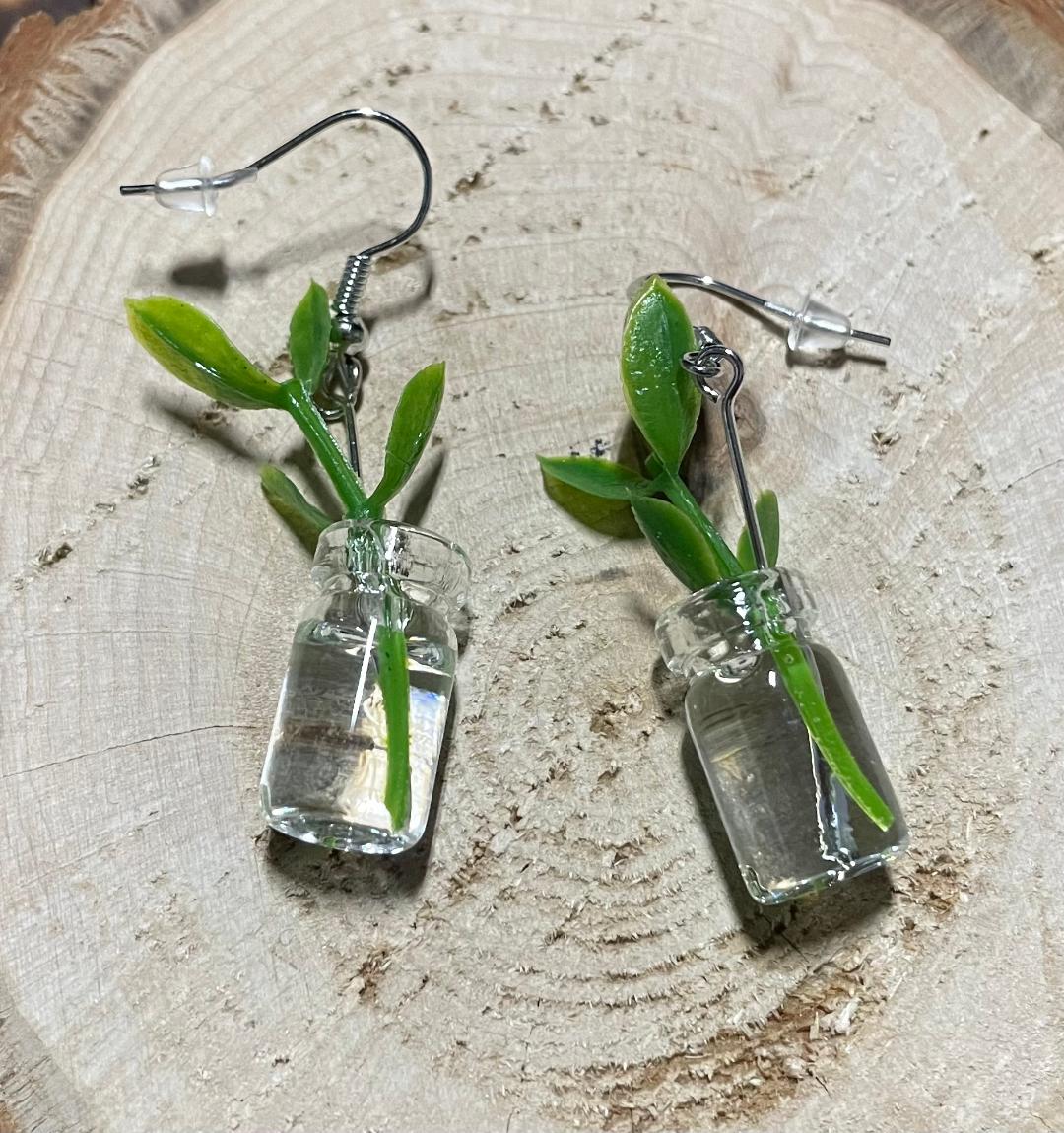 NEW Mini Glass Jar & Green Plant Earrings