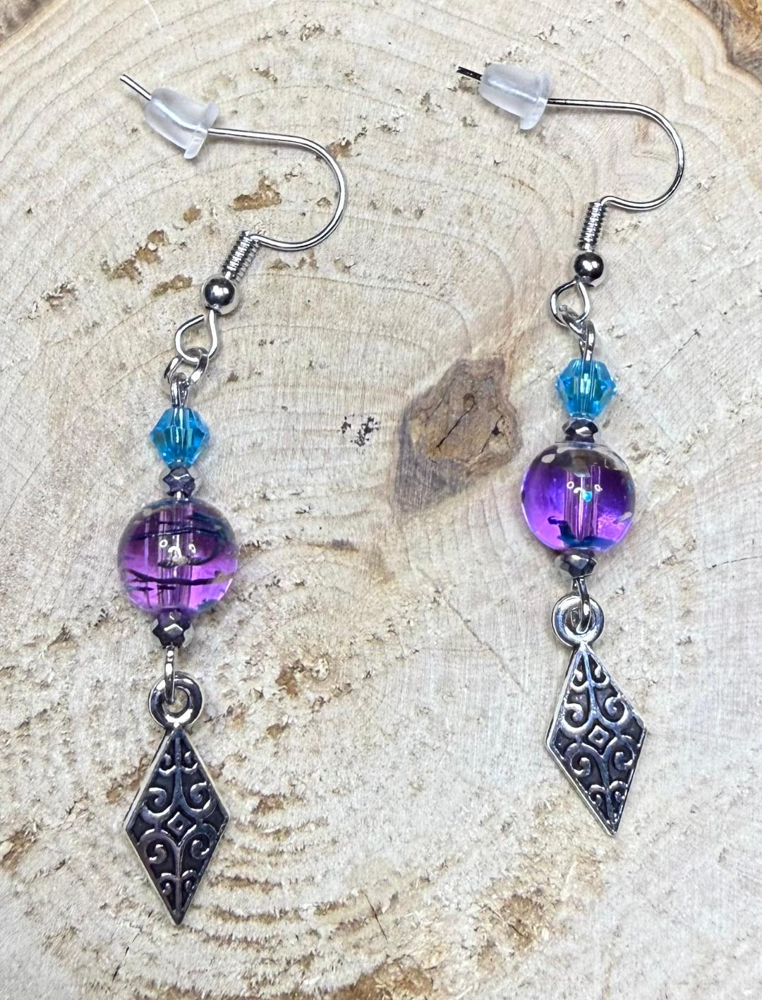 NEW Purple Glass Bead Earrings w/ Diamond Shape Filigree Charms