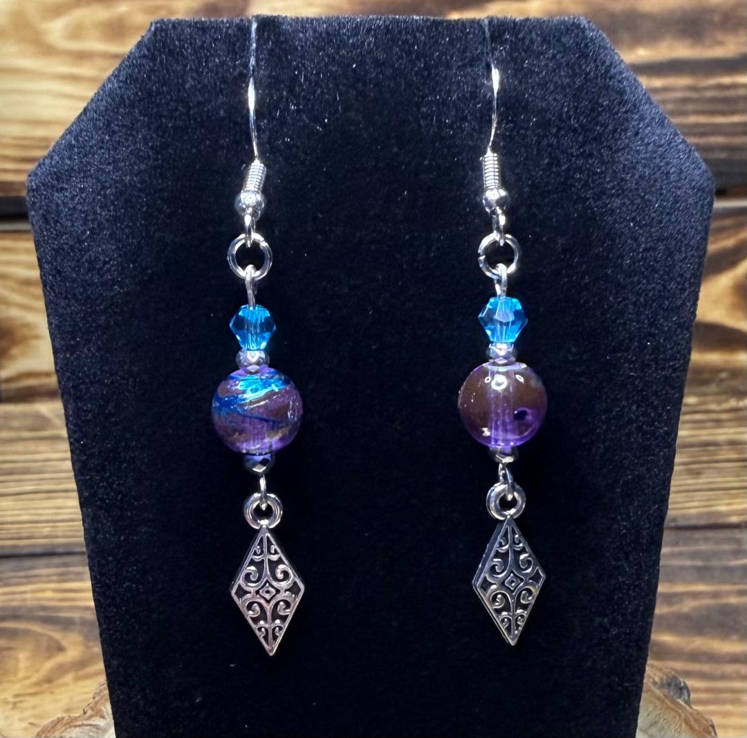 NEW Purple Glass Bead Earrings w/ Diamond Shape Filigree Charms