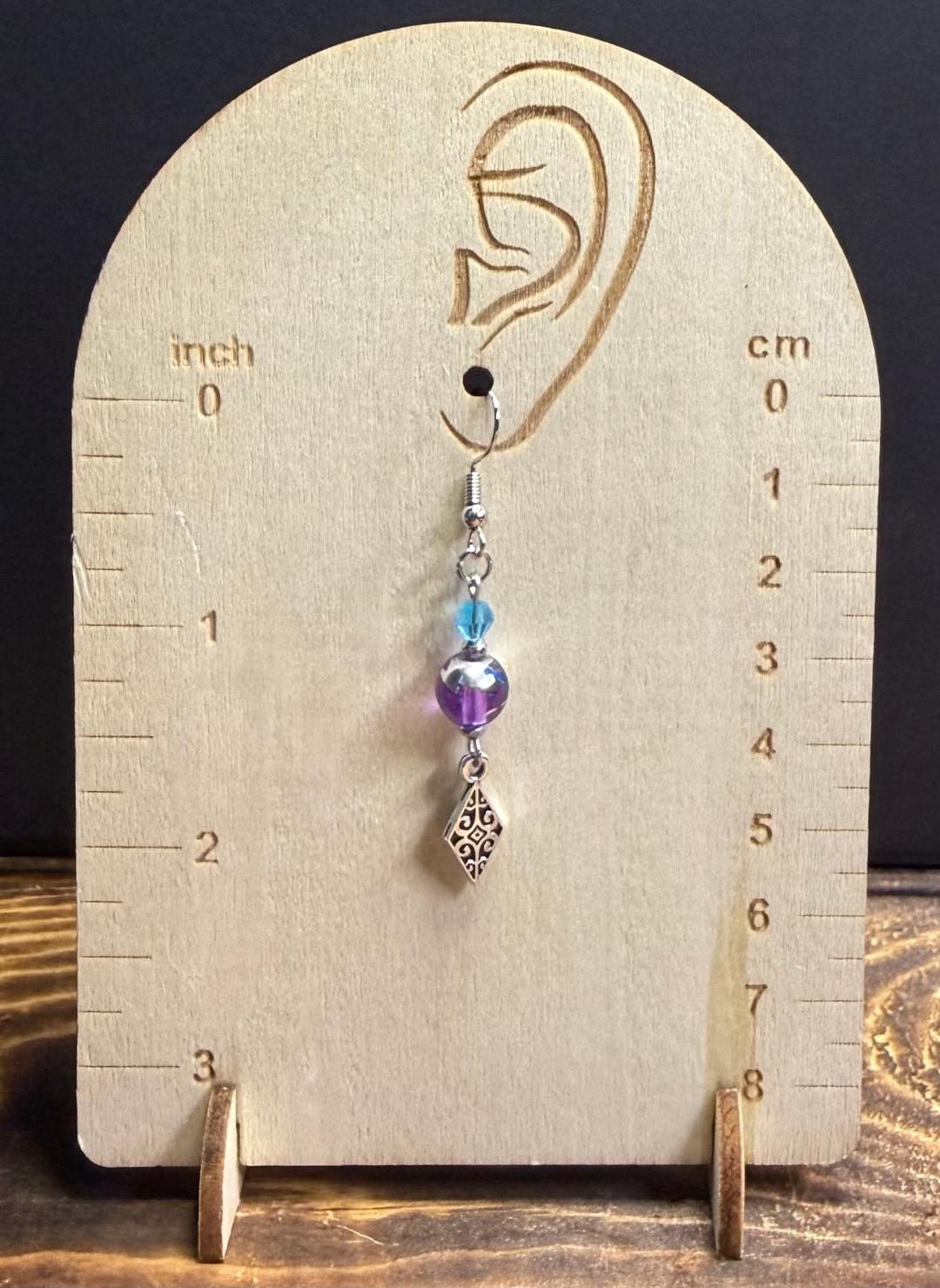 NEW Purple Glass Bead Earrings w/ Diamond Shape Filigree Charms