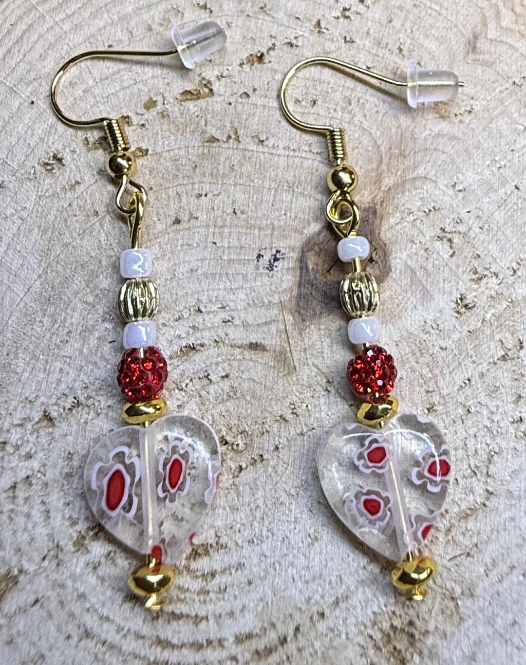 NEW Glass Heart Earrings w/ Red Sparkling Beads