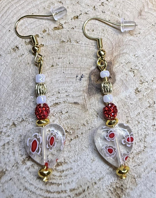 NEW Glass Heart Earrings w/ Red Sparkling Beads
