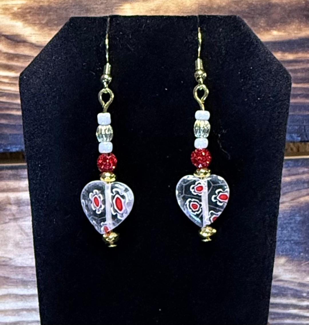 NEW Glass Heart Earrings w/ Red Sparkling Beads